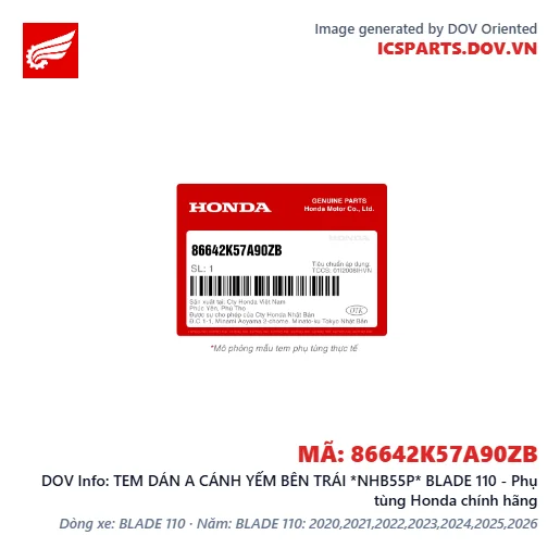 TEM DÁN A CÁNH YẾM BÊN TRÁI *NHB55P* BLADE 110 - Phụ tùng Honda chính hãng