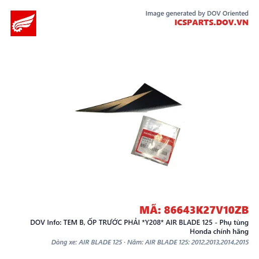 TEM B, ỐP TRƯỚC PHẢI *Y208* AIR BLADE 125 - Phụ tùng Honda chính hãng