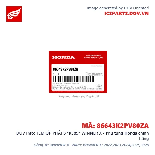 TEM ỐP PHẢI B *R389* WINNER X - Phụ tùng Honda chính hãng