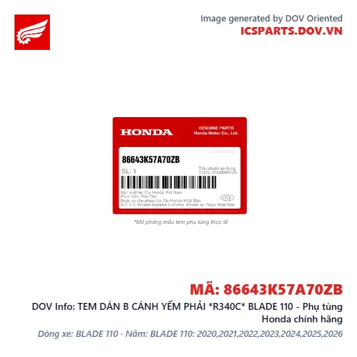 TEM DÁN B CÁNH YẾM PHẢI *R340C* BLADE 110 - Phụ tùng Honda chính hãng