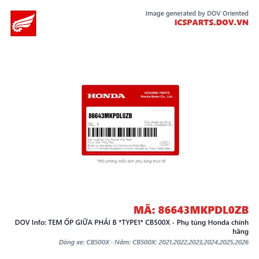 TEM ỐP GIỮA PHẢI B *TYPE1* CB500X - Phụ tùng Honda chính hãng
