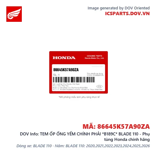 TEM ỐP ỐNG YẾM CHÍNH PHẢI *B189C* BLADE 110 - Phụ tùng Honda chính hãng