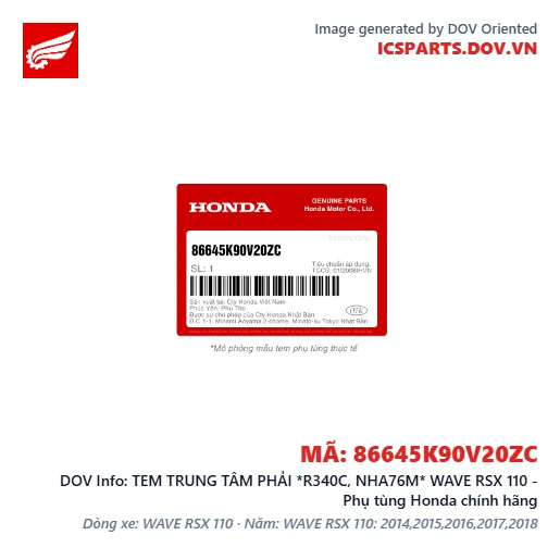 TEM TRUNG TÂM PHẢI *R340C, NHA76M* WAVE RSX 110 - Phụ tùng Honda chính hãng