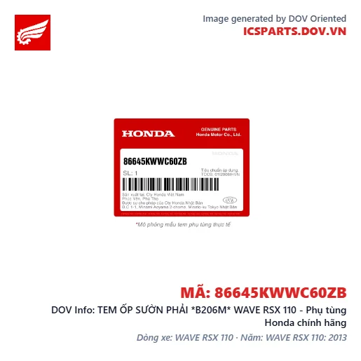 TEM ỐP SƯỜN PHẢI *B206M* WAVE RSX 110 - Phụ tùng Honda chính hãng