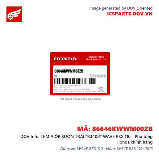 TEM A ỐP SƯỜN TRÁI *R340B* WAVE RSX 110 - Phụ tùng Honda chính hãng