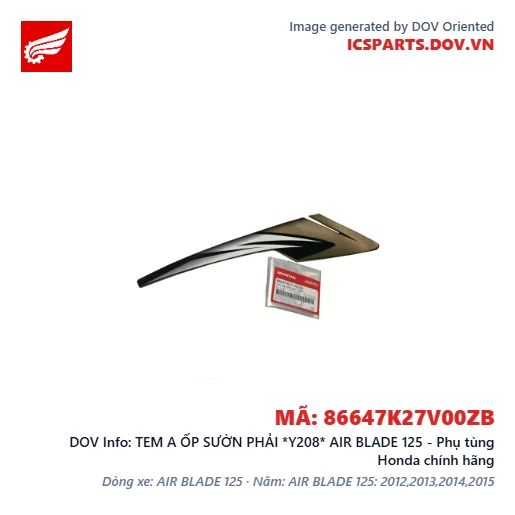 TEM A ỐP SƯỜN PHẢI *Y208* AIR BLADE 125 - Phụ tùng Honda chính hãng