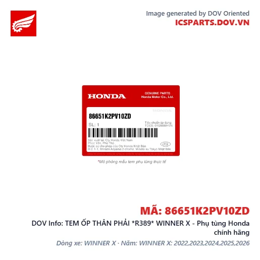 TEM ỐP THÂN PHẢI *R389* WINNER X - Phụ tùng Honda chính hãng