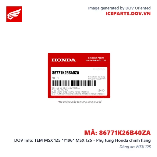 TEM MSX 125 *Y196* MSX 125 - Phụ tùng Honda chính hãng