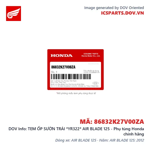 TEM ỐP SƯỜN TRÁI *YR322* AIR BLADE 125 - Phụ tùng Honda chính hãng