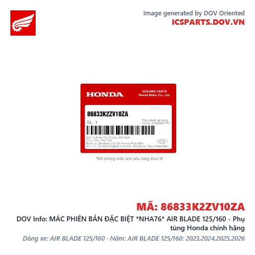 MÁC PHIÊN BẢN ĐẶC BIỆT *NHA76* AIR BLADE 125/160 - Phụ tùng Honda chính hãng