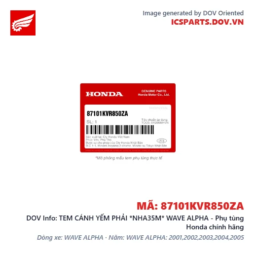 TEM CÁNH YẾM PHẢI *NHA35M* WAVE ALPHA - Phụ tùng Honda chính hãng