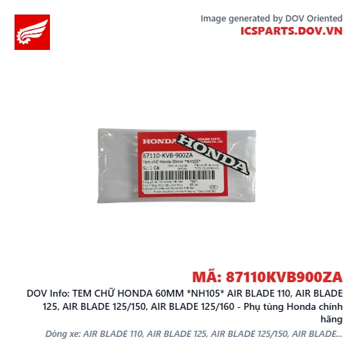 TEM CHỮ HONDA 60MM *NH105* AIR BLADE 110, AIR BLADE 125, AIR BLADE 125/150, AIR BLADE 125/160 - Phụ tùng Honda chính hãng