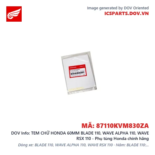 TEM CHỮ HONDA 60MM BLADE 110, WAVE ALPHA 110, WAVE RSX 110 - Phụ tùng Honda chính hãng