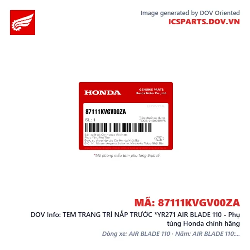 TEM TRANG TRÍ NẮP TRƯỚC *YR271 AIR BLADE 110 - Phụ tùng Honda chính hãng