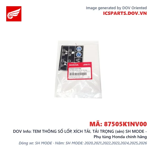 TEM THÔNG SỐ LỐP, XÍCH TẢI, TẢI TRỌNG (sên) SH MODE - Phụ tùng Honda chính hãng