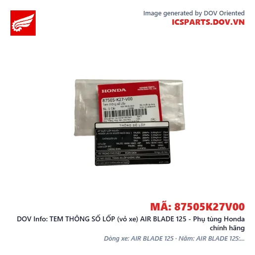 TEM THÔNG SỐ LỐP (vỏ xe) AIR BLADE 125 - Phụ tùng Honda chính hãng