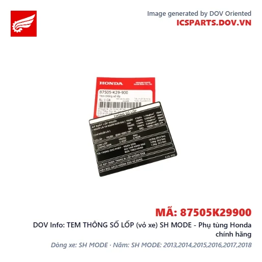 TEM THÔNG SỐ LỐP (vỏ xe) SH MODE - Phụ tùng Honda chính hãng