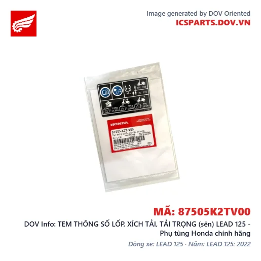 TEM THÔNG SỐ LỐP, XÍCH TẢI, TẢI TRỌNG (sên) LEAD 125 - Phụ tùng Honda chính hãng