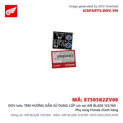 TEM HƯỚNG DẪN SỬ DỤNG LỐP (vỏ xe) AIR BLADE 125/160 - Phụ tùng Honda chính hãng