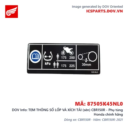 TEM THÔNG SỐ LỐP VÀ XÍCH TẢI (sên) CBR150R - Phụ tùng Honda chính hãng