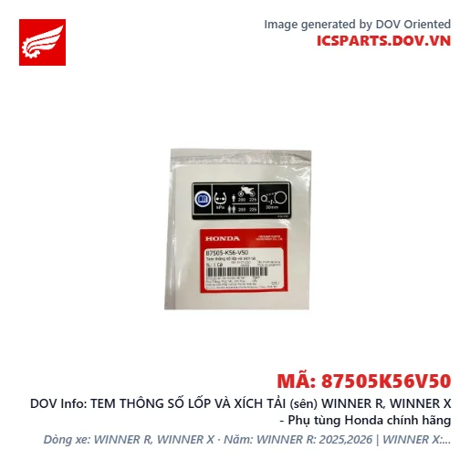 TEM THÔNG SỐ LỐP VÀ XÍCH TẢI (sên) WINNER R, WINNER X - Phụ tùng Honda chính hãng