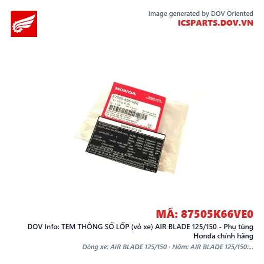 TEM THÔNG SỐ LỐP (vỏ xe) AIR BLADE 125/150 - Phụ tùng Honda chính hãng