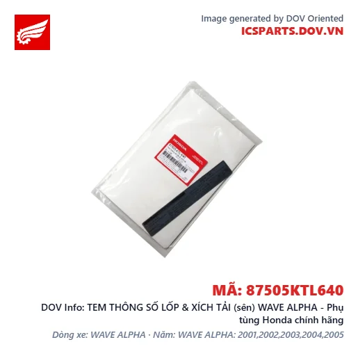 TEM THÔNG SỐ LỐP & XÍCH TẢI (sên) WAVE ALPHA - Phụ tùng Honda chính hãng