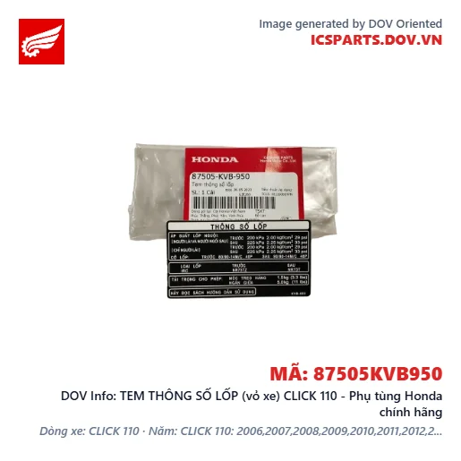 TEM THÔNG SỐ LỐP (vỏ xe) CLICK 110 - Phụ tùng Honda chính hãng