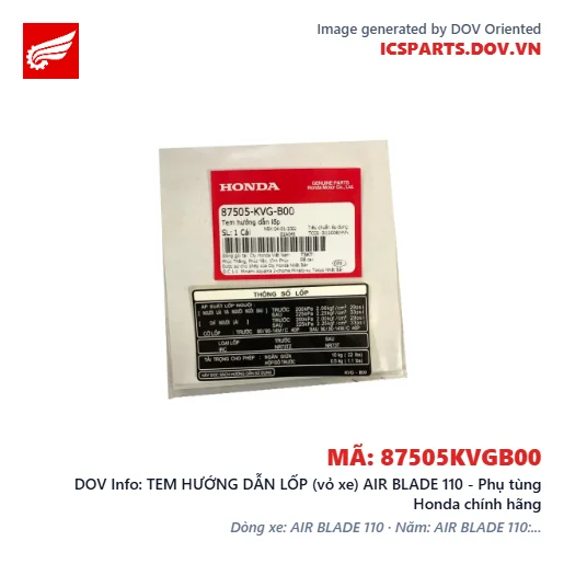 TEM HƯỚNG DẪN LỐP (vỏ xe) AIR BLADE 110 - Phụ tùng Honda chính hãng