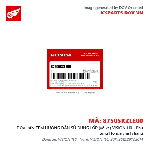 TEM HƯỚNG DẪN SỬ DỤNG LỐP (vỏ xe) VISION 110 - Phụ tùng Honda chính hãng