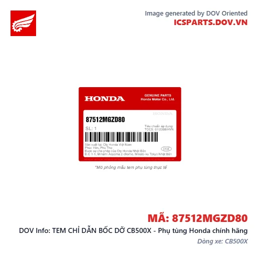 TEM CHỈ DẪN BỐC DỠ CB500X - Phụ tùng Honda chính hãng