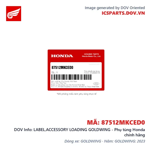 LABEL,ACCESSORY LOADING GOLDWING - Phụ tùng Honda chính hãng