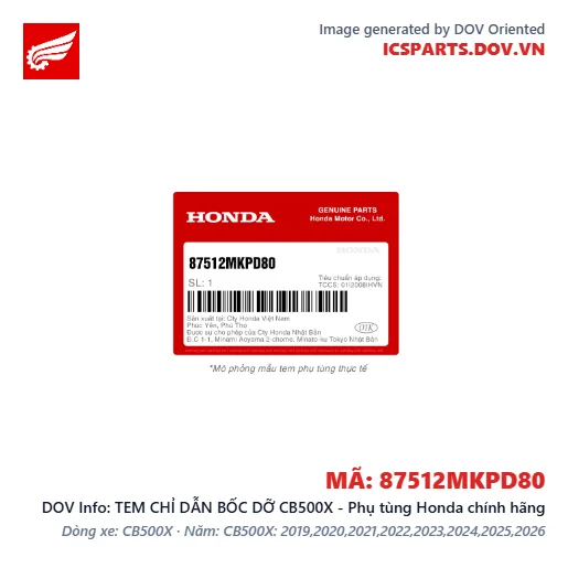 TEM CHỈ DẪN BỐC DỠ CB500X - Phụ tùng Honda chính hãng