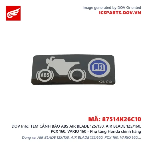 TEM CẢNH BÁO ABS AIR BLADE 125/150, AIR BLADE 125/160, PCX 160, VARIO 160 - Phụ tùng Honda chính hãng