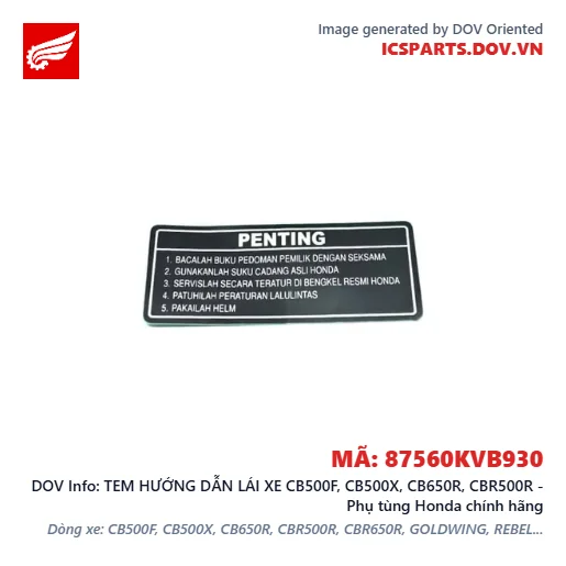 TEM HƯỚNG DẪN LÁI XE CB500F, CB500X, CB650R, CBR500R - Phụ tùng Honda chính hãng