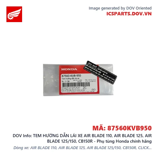 TEM HƯỚNG DẪN LÁI XE AIR BLADE 110, AIR BLADE 125, AIR BLADE 125/150, CB150R - Phụ tùng Honda chính hãng