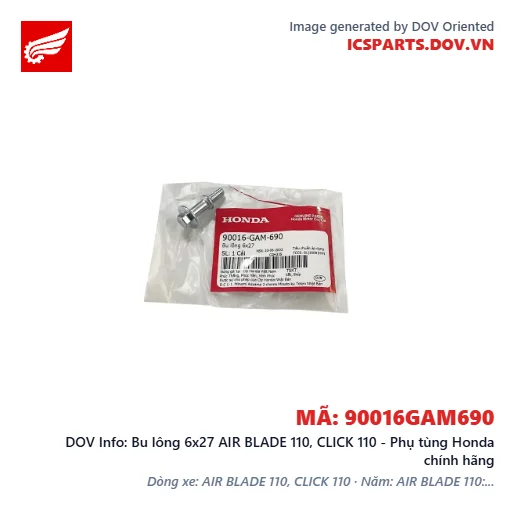 Bu lông 6x27 AIR BLADE 110, CLICK 110 - Phụ tùng Honda chính hãng