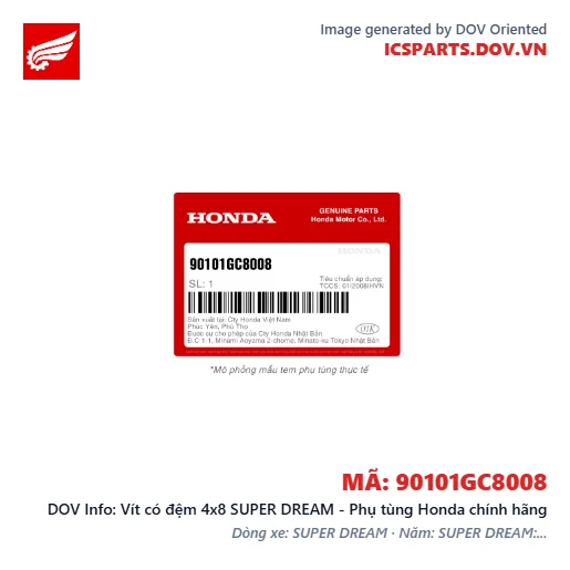 Vít có đệm 4x8 SUPER DREAM - Phụ tùng Honda chính hãng