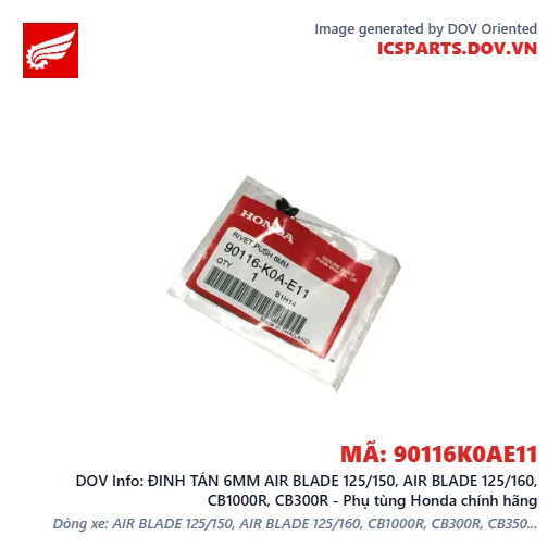 ĐINH TÁN 6MM AIR BLADE 125/150, AIR BLADE 125/160, CB1000R, CB300R - Phụ tùng Honda chính hãng