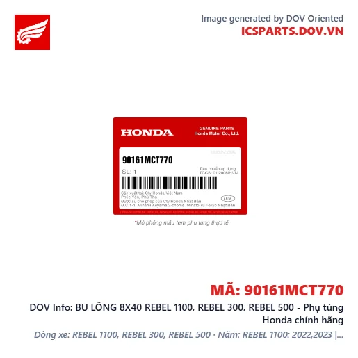 BU LÔNG 8X40 REBEL 1100, REBEL 300, REBEL 500 - Phụ tùng Honda chính hãng