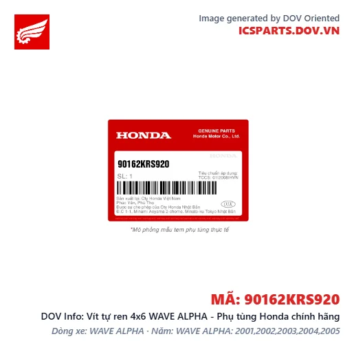 Vít tự ren 4x6 WAVE ALPHA - Phụ tùng Honda chính hãng