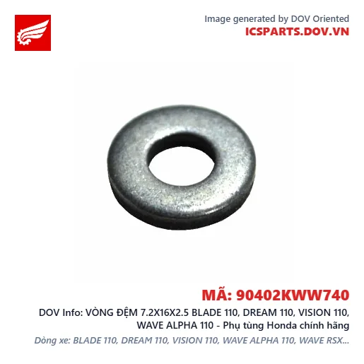 VÒNG ĐỆM 7.2X16X2.5 BLADE 110, DREAM 110, VISION 110, WAVE ALPHA 110 - Phụ tùng Honda chính hãng