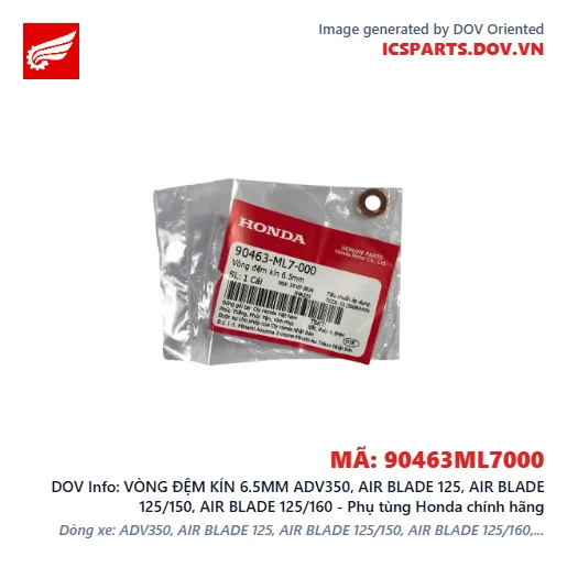 VÒNG ĐỆM KÍN 6.5MM ADV350, AIR BLADE 125, AIR BLADE 125/150, AIR BLADE 125/160 - Phụ tùng Honda chính hãng