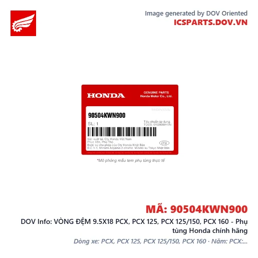 VÒNG ĐỆM 9.5X18 PCX, PCX 125, PCX 125/150, PCX 160 - Phụ tùng Honda chính hãng
