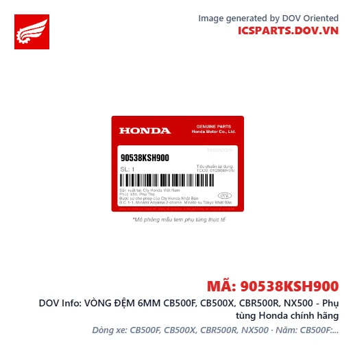 VÒNG ĐỆM 6MM CB500F, CB500X, CBR500R, NX500 - Phụ tùng Honda chính hãng