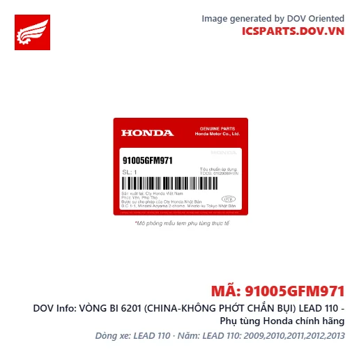 VÒNG BI 6201 (CHINA-KHÔNG PHỚT CHẮN BỤI) LEAD 110 - Phụ tùng Honda chính hãng
