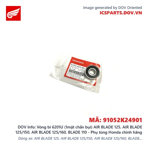 Vòng bi 6201U (1mặt chắn bụi) AIR BLADE 125, AIR BLADE 125/150, AIR BLADE 125/160, BLADE 110 - Phụ tùng Honda chính hãng