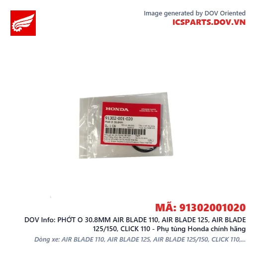 PHỚT O 30.8MM AIR BLADE 110, AIR BLADE 125, AIR BLADE 125/150, CLICK 110 - Phụ tùng Honda chính hãng