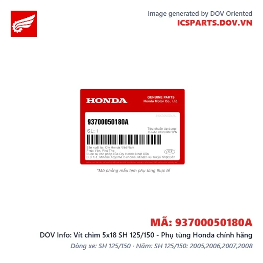 Vít chìm 5x18 SH 125/150 - Phụ tùng Honda chính hãng