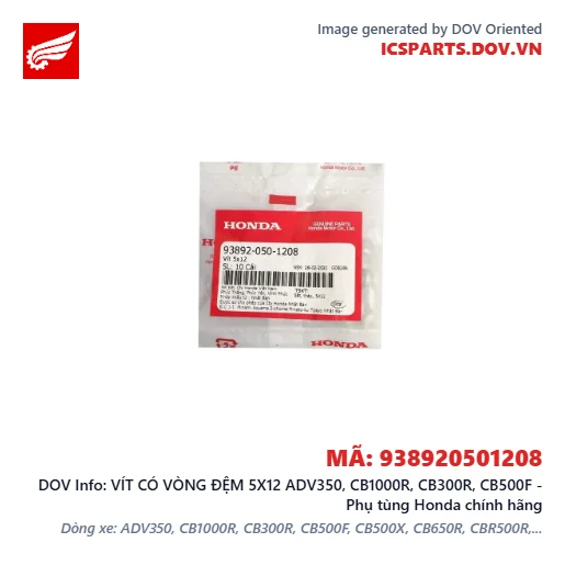 VÍT CÓ VÒNG ĐỆM 5X12 ADV350, CB1000R, CB300R, CB500F - Phụ tùng Honda chính hãng